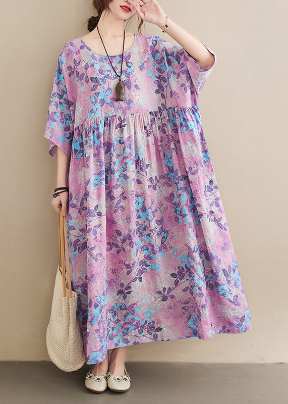 Women O-Neck Print Patchwork Wrinkled Cotton Maxi Dresses Summer