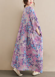 Women O-Neck Print Patchwork Wrinkled Cotton Maxi Dresses Summer
