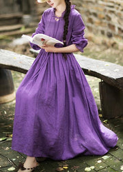 Women O Neck Ruffles Spring Dress Neckline Purple Maxi Dresses - SooLinen