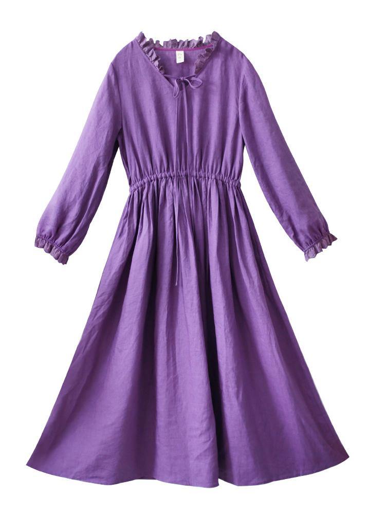 Women O Neck Ruffles Spring Dress Neckline Purple Maxi Dresses - SooLinen