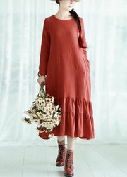 Women O Neck Ruffles Spring Quilting Clothes Design Orange Traveling Dress - SooLinen