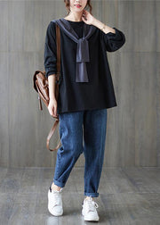 Women O Neck Side Open Spring Clothes Wardrobes Black Shirt - SooLinen