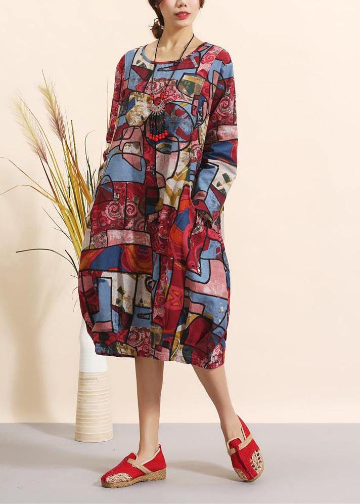 Women O Neck Spring Clothes For Women Pattern Red Geometric Robe Dresses - SooLinen