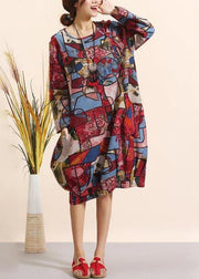 Women O Neck Spring Clothes For Women Pattern Red Geometric Robe Dresses - SooLinen