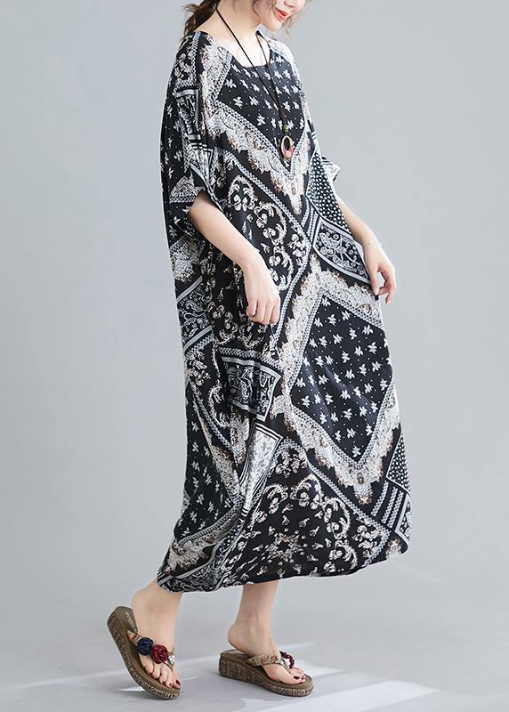 Women O Neck Summer Quilting Dresses Photography Black Print Traveling Dress - SooLinen