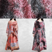 Women O Neck Tie Waist Spring Quilting Clothes Neckline Pink Print Dress - SooLinen