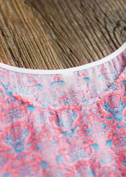 Women O-Neck Wrinkled Summer Tutorials Pink Print Dress - SooLinen