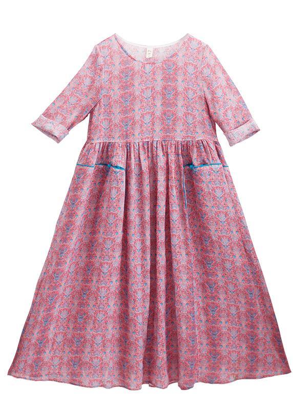 Women O-Neck Wrinkled Summer Tutorials Pink Print Dress - SooLinen