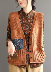 Women Orange Button Patchwork Cozy Cotton Knit Waistcoat Sleeveless