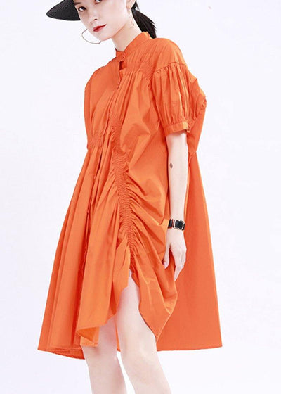 Women Orange Cinched Mid Summer Cotton Dress - SooLinen