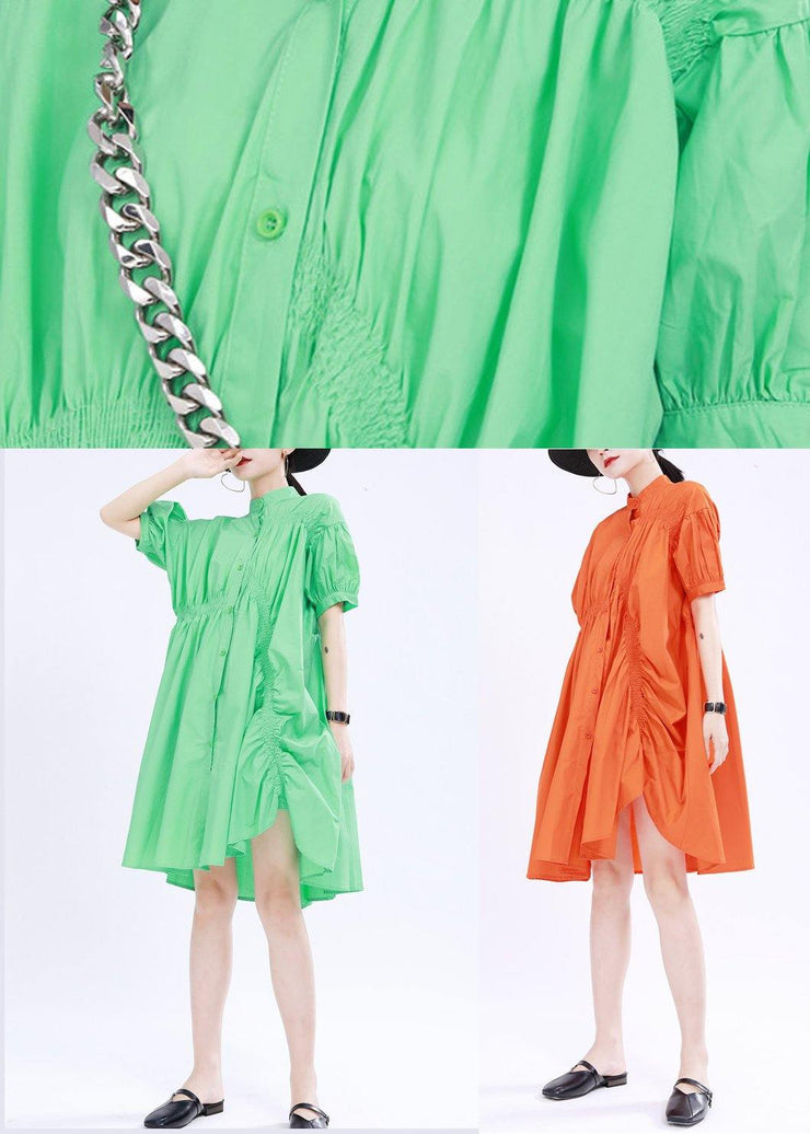 Women Orange Cinched Mid Summer Cotton Dress - SooLinen