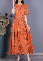 Women Orange Cinched Print Cotton Long Dress Short Sleeve
