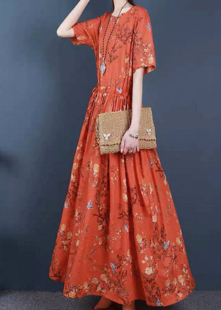 Frauen Orange Cinched Print Baumwolle Langes Kleid Kurzarm