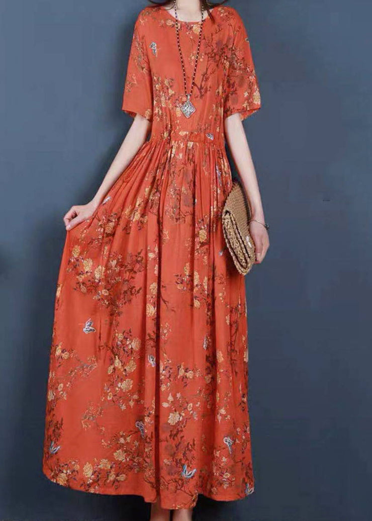 Women Orange Cinched Print Cotton Long Dress Short Sleeve