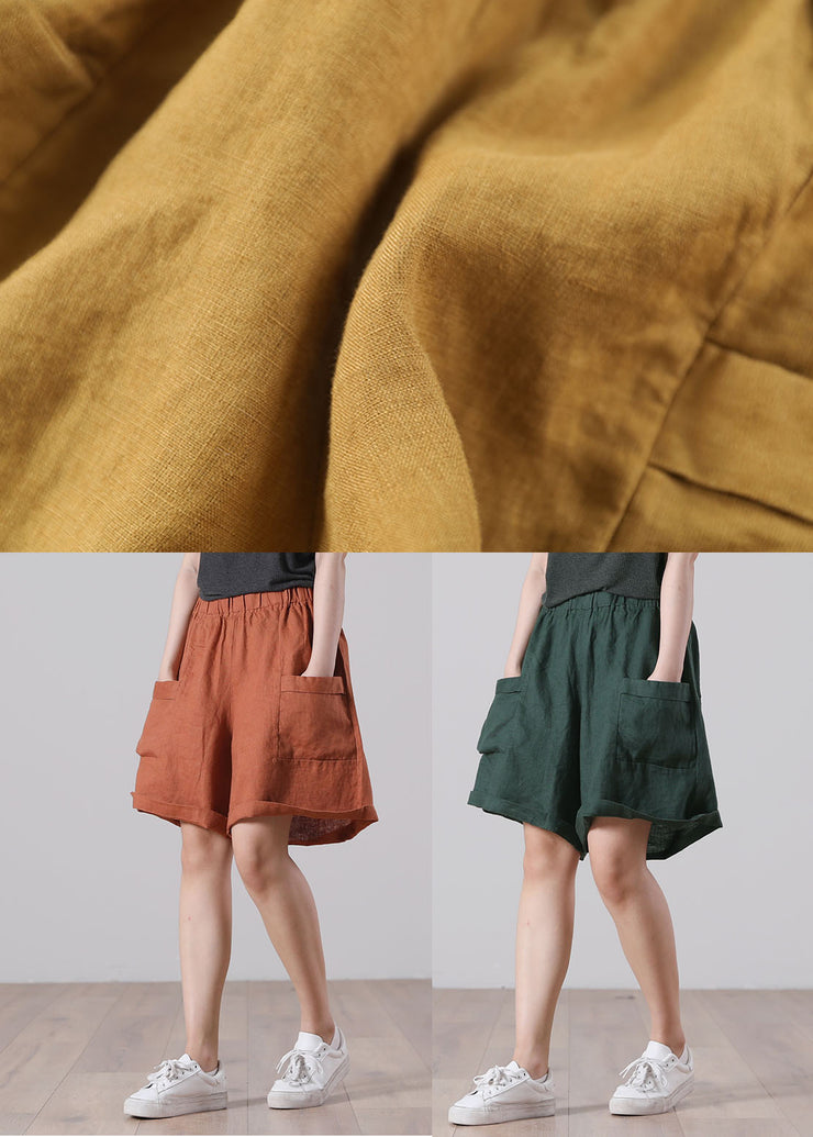 Women Orange Elastic Waist Pockets Solid Color Linen Shorts Summer