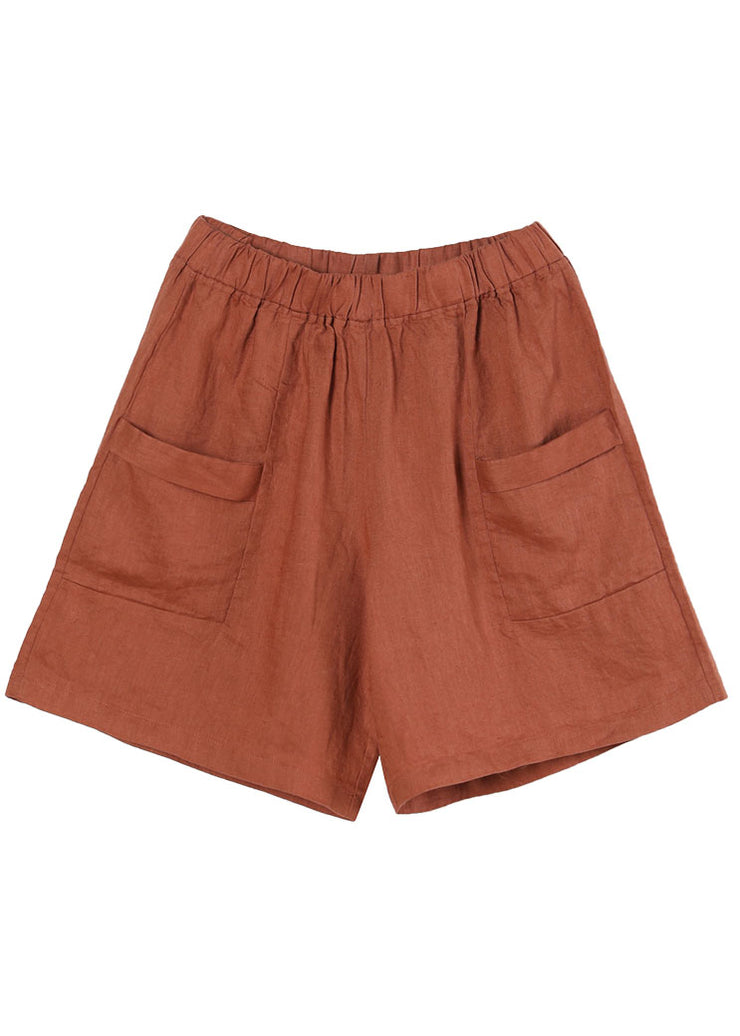 Women Orange Elastic Waist Pockets Solid Color Linen Shorts Summer
