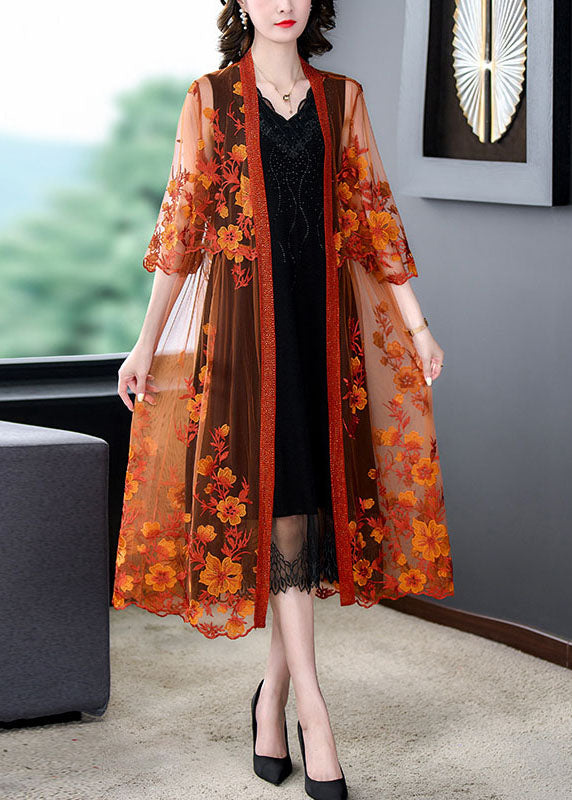 Women Orange Embroidered Patchwork Tulle Long Dresses Summer
