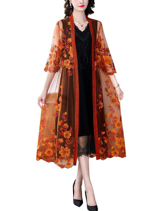 Women Orange Embroidered Patchwork Tulle Long Dresses Summer