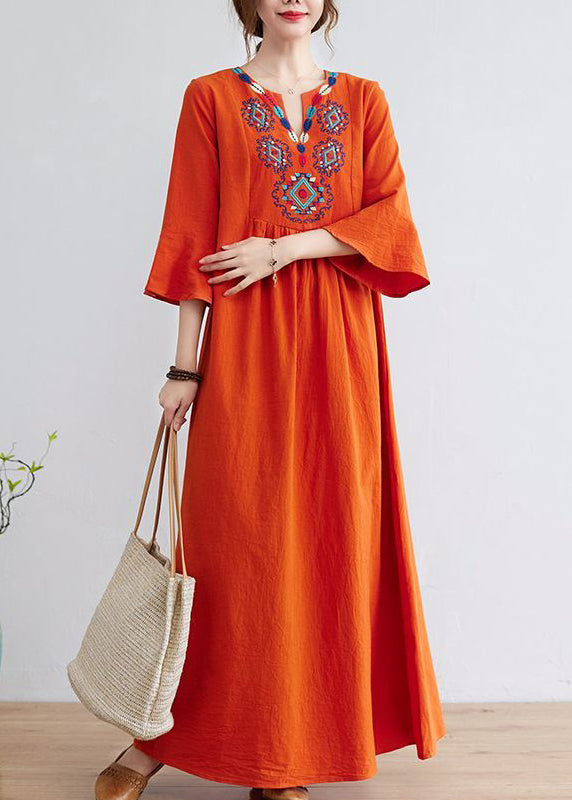 Women Orange Embroidered Wrinkled Cotton Maxi Dress Bracelet Sleeve