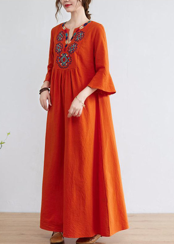 Women Orange Embroidered Wrinkled Cotton Maxi Dress Bracelet Sleeve