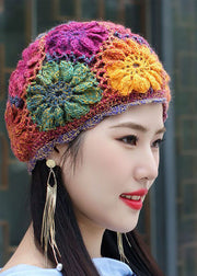 Women Orange Hollow Out Multicolor Flower Knit Bonnie Hat