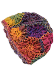 Women Orange Hollow Out Multicolor Flower Knit Bonnie Hat
