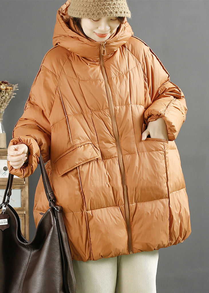Women Orange Hooded Oversized Duck Down Down Jacket Winter