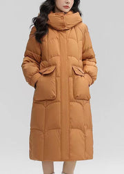 Women Orange Hooded Pockets Patchwork Duck Down Long Coat Winter