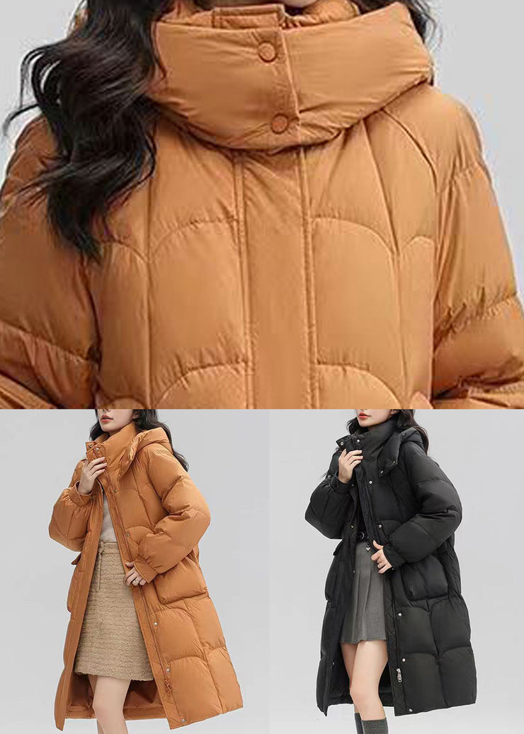 Women Orange Hooded Pockets Patchwork Duck Down Long Coat Winter