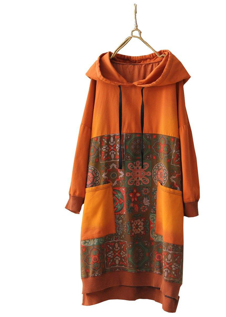 Women Orange Hooded Print Long Dresses Spring Cotton Dress - SooLinen