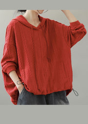 Women Orange Hooded drawstring Knit Short Sweater Winter