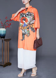 Women Orange Mandarin Collar Chinese Button Silk Dress Summer