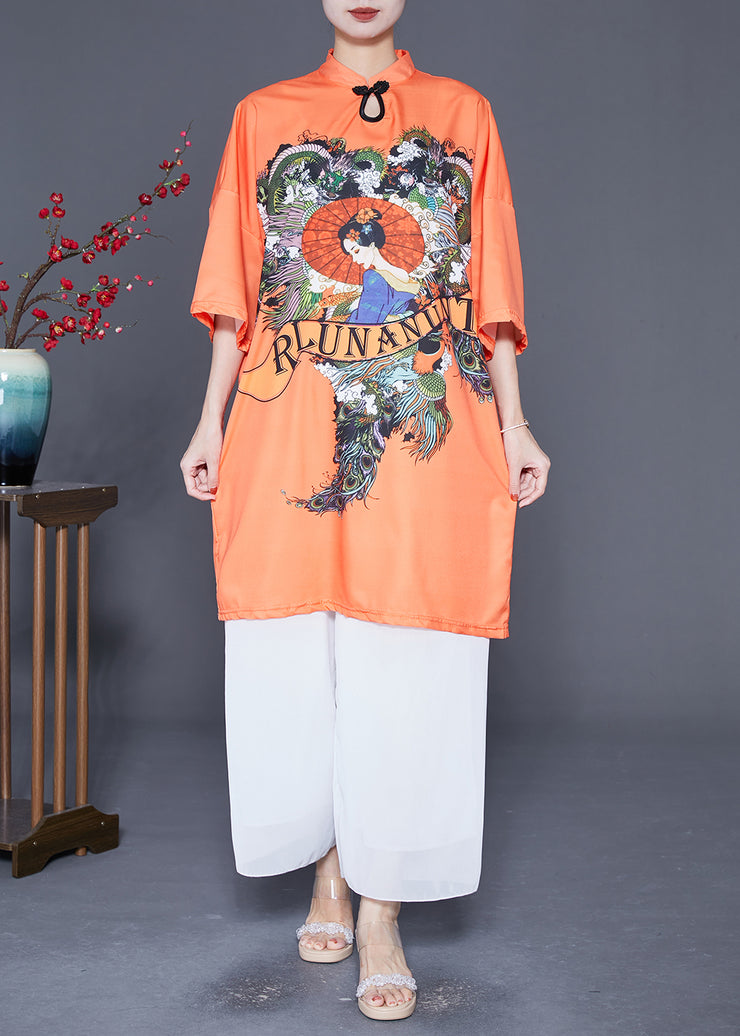 Women Orange Mandarin Collar Chinese Button Silk Dress Summer