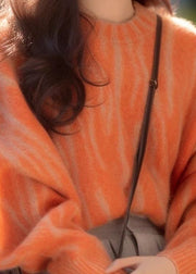Women Orange O Neck Cozy Cotton Knit Sweaters Long Sleeve