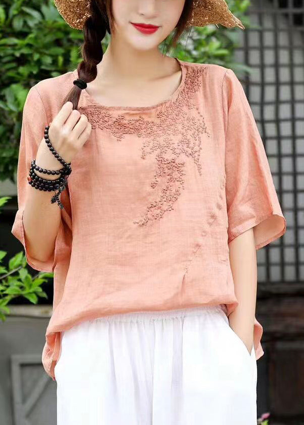 Women Orange O-Neck Embroidered Linen Shirt Top Short Sleeve