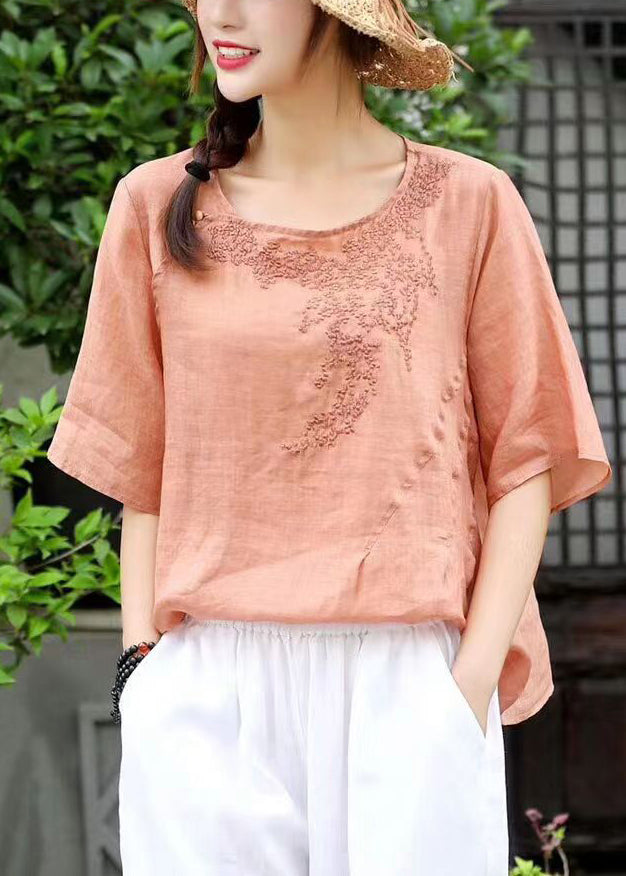 Women Orange O-Neck Embroidered Linen Shirt Top Short Sleeve