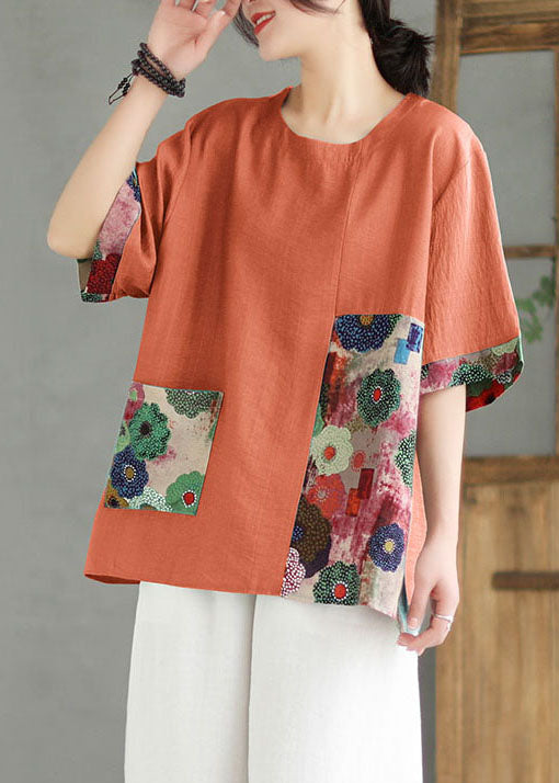 Women Orange O Neck Print Patchwork Linen T Shirt Top Summer