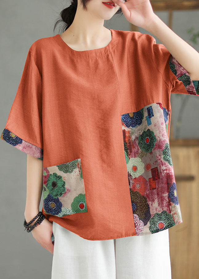Women Orange O Neck Print Patchwork Linen T Shirt Top Summer