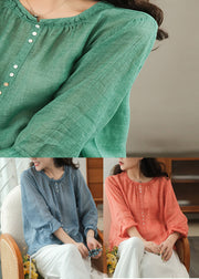 Women Orange O-Neck Ruffled Linen Tops Long Sleeve