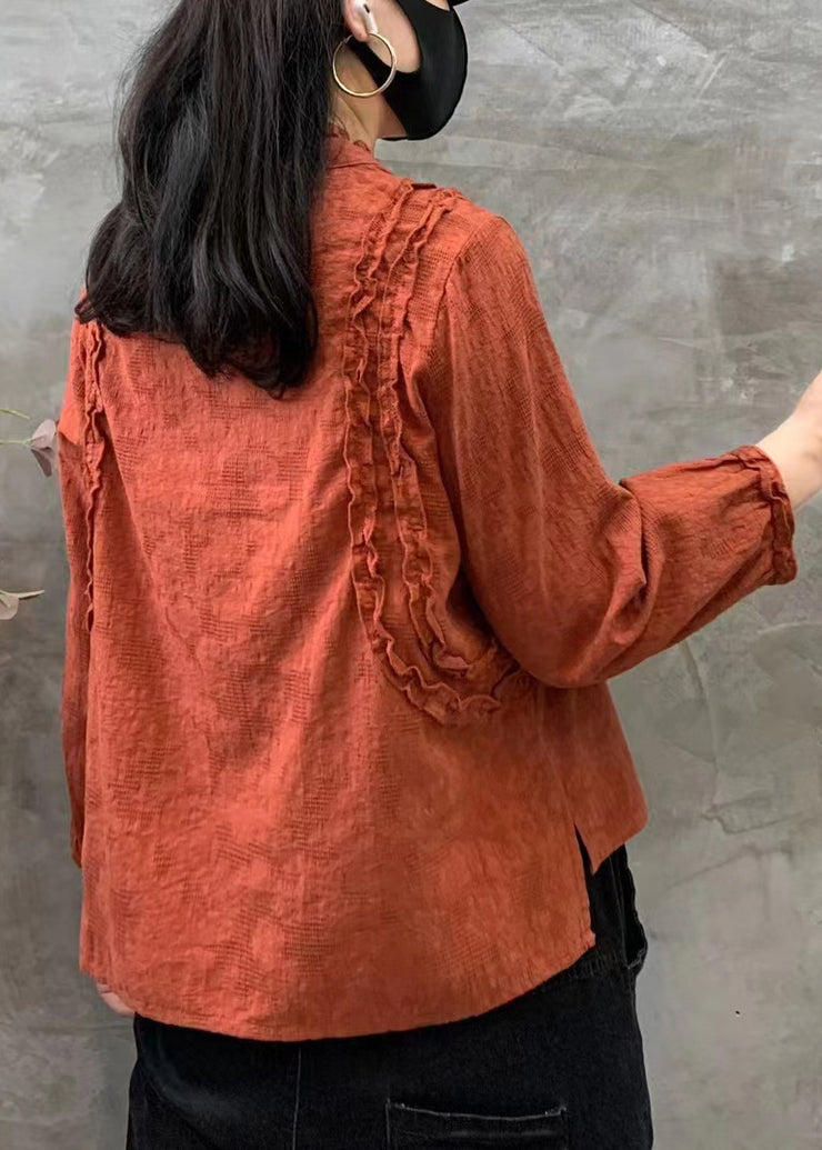 Women Orange O-Neck Ruffled Patchwork Cotton Tops Fall