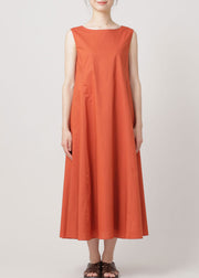 Women Orange O Neck Wrinkled Exra Large Hem Cotton Dresses Sleeveless