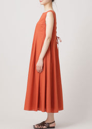 Women Orange O Neck Wrinkled Exra Large Hem Cotton Dresses Sleeveless