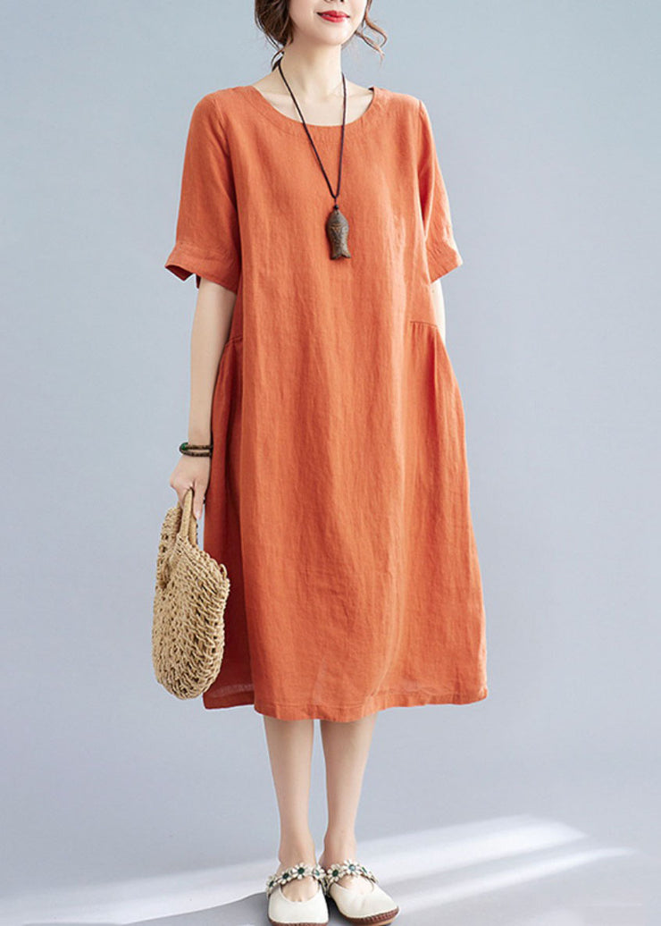 Women Orange O Neck Wrinkled Patchwork Cotton Dress Summer