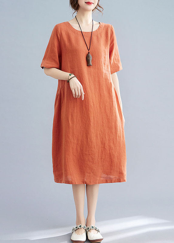 Women Orange O Neck Wrinkled Patchwork Cotton Dress Summer