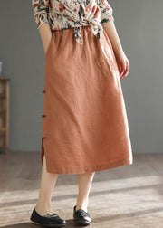 Women Orange Oriental Elastic Waist Pocket Linen A Line Skirts Summer