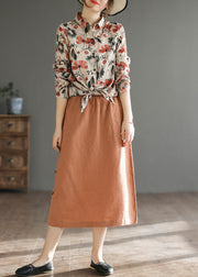 Women Orange Oriental Elastic Waist Pocket Linen A Line Skirts Summer
