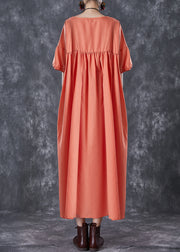 Women Orange Oversized Patchwork Linen Dress Puff Sleeve