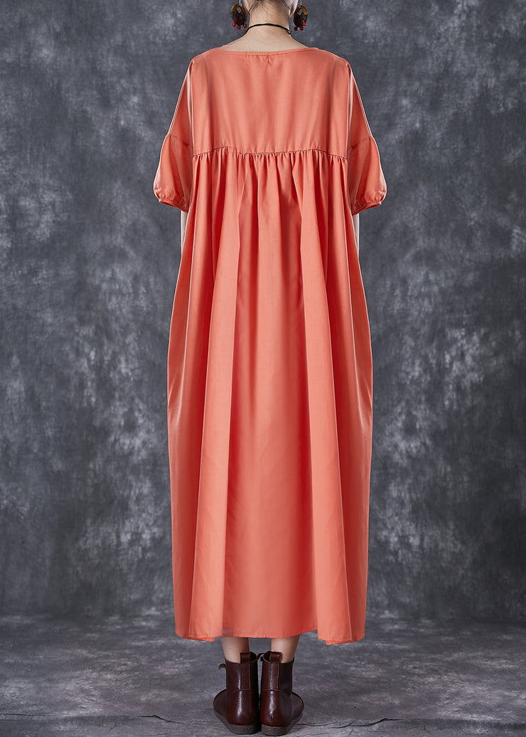 Women Orange Oversized Patchwork Linen Dress Puff Sleeve