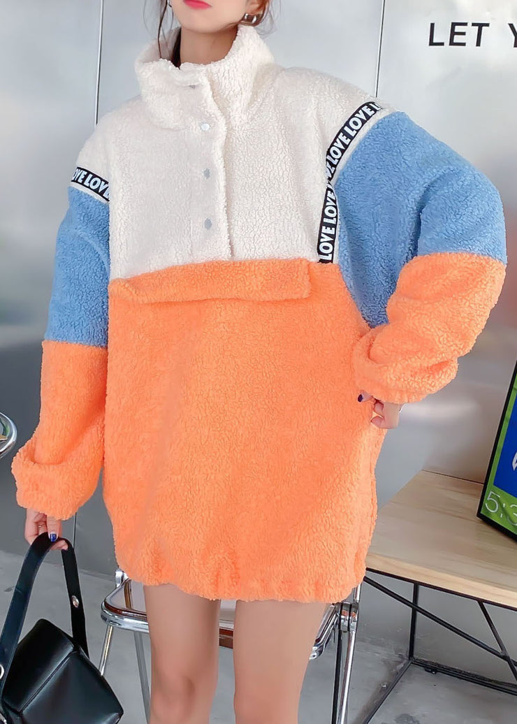 Frauen-orange Patchwork-Knopf-Winter-Sweatshirts