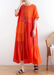 Women Orange Patchwork Cotton Loose Holiday Dress - SooLinen